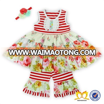 Summer Baby Clothes Red Stripe Flower Print Ruffle Outfits Wholesale Children Girls Butique Clothing Sets